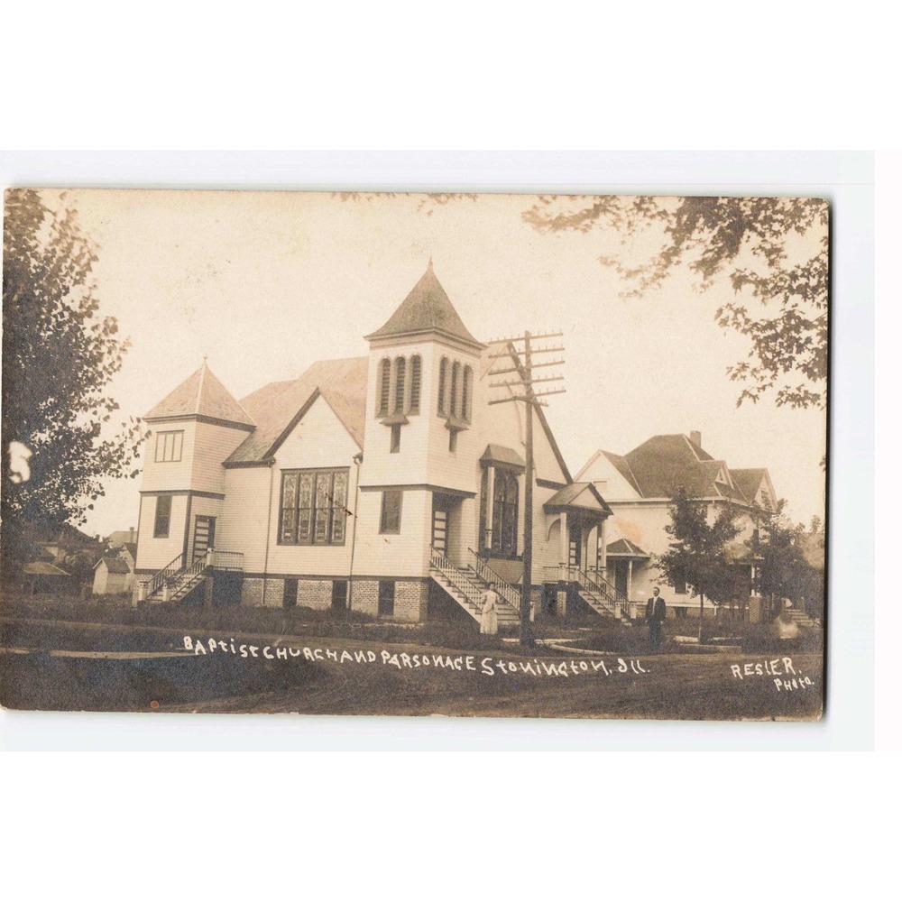 Vintage Baptist Church Parsonage Stonington Illinois RPPC Postcard 1913 Resler